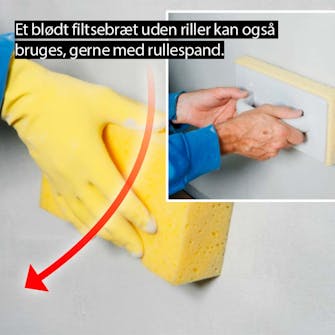 Facadeisolering: Overflade trækkes jævn med en svamp Facadeisolering: Sluttelig trækkes overfladen jævn og ensartet med en svamp